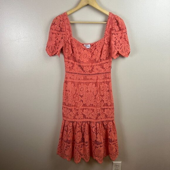Saylor Louisa Lace Midi Dress Size Small Coral Wedding Guest Event Party Formal - Picture 2 of 9